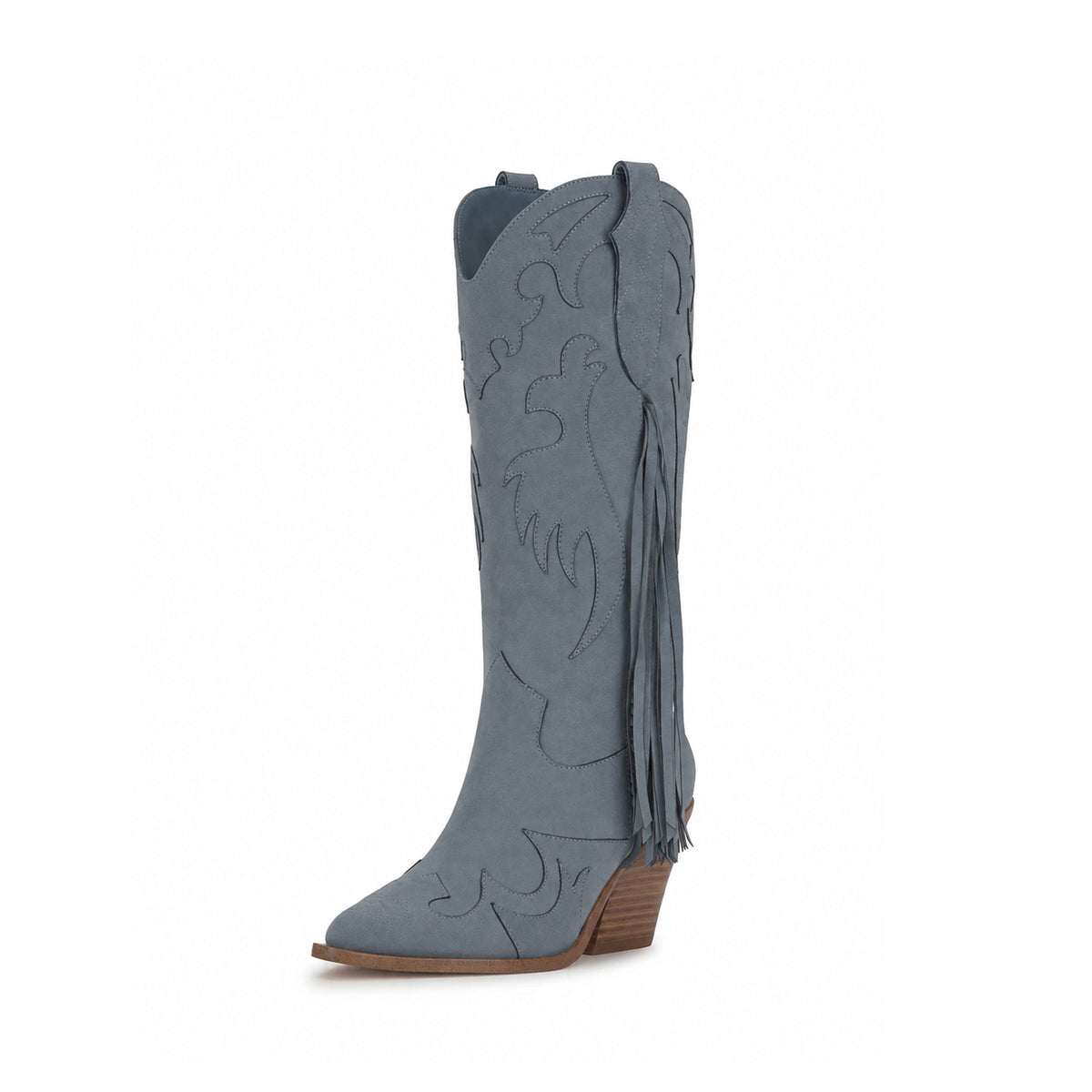 Dark Blue Faux Suede Almond-Toe Applique And Side Fringe Half-Zip Knee High Cowgirl Boots
