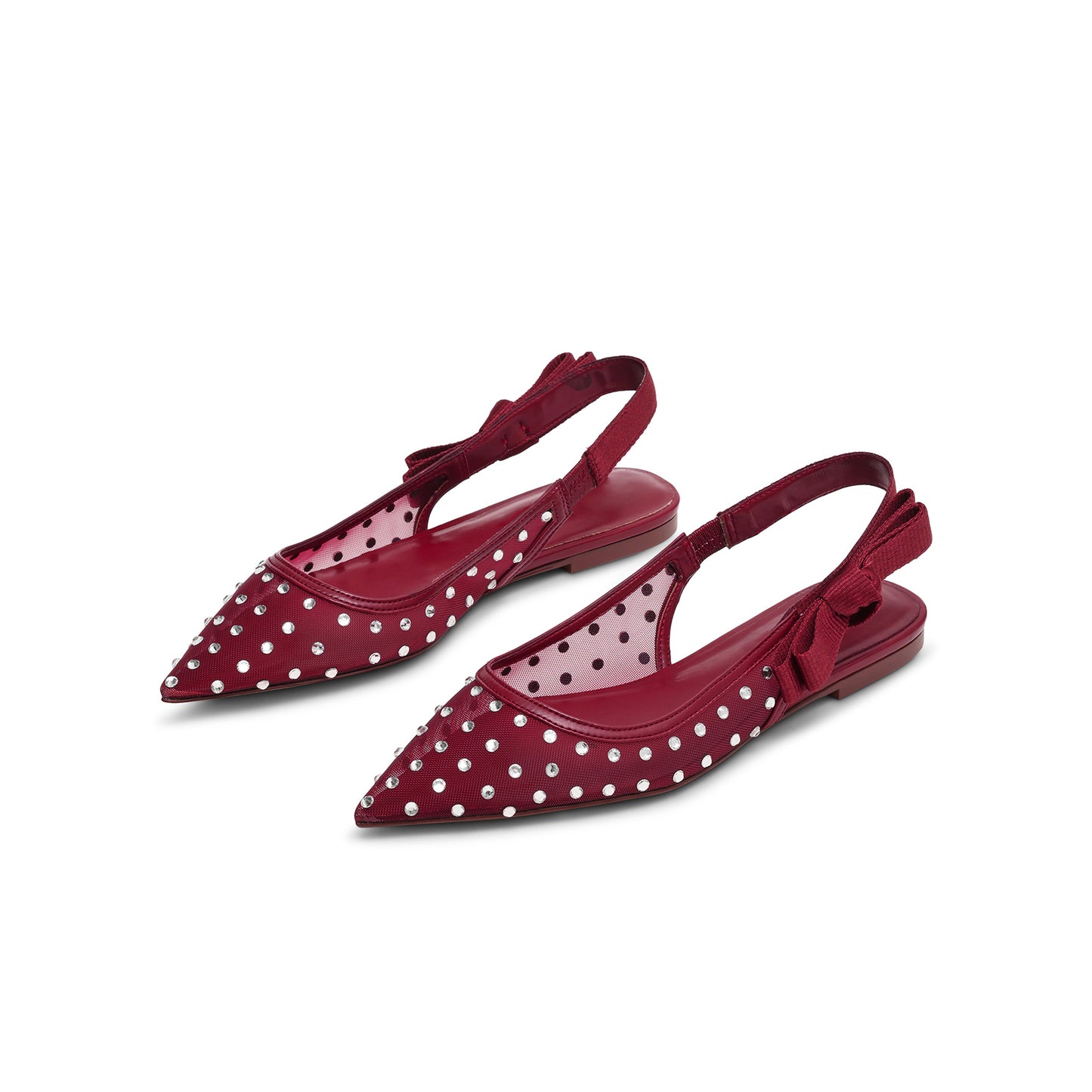 Red Mesh Pointed-Toe Rhinestones And Slingback With Bow Flats