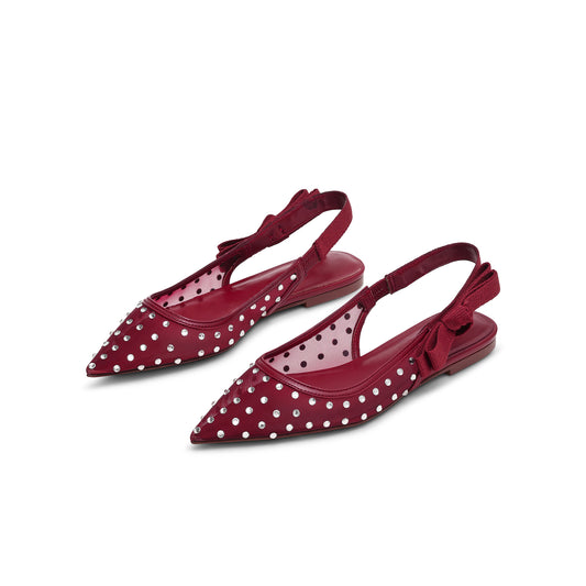 Red Mesh Pointed-Toe Rhinestones And Slingback With Bow Flats