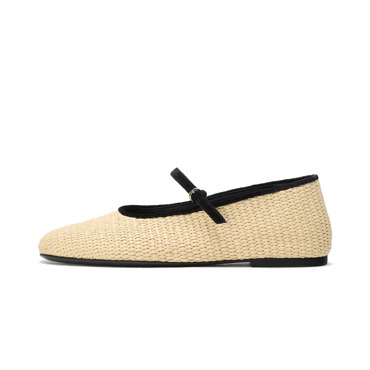 Beige Woven And Velvet Round-Toe Mary Jane Ballet Flats