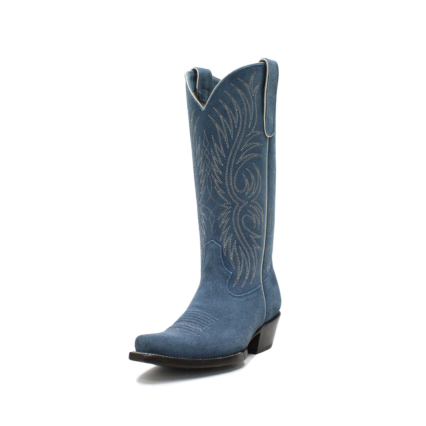 Blue Faux Suede Snip-Toe Western Embroidery Mid Calf Cowgirl Boots