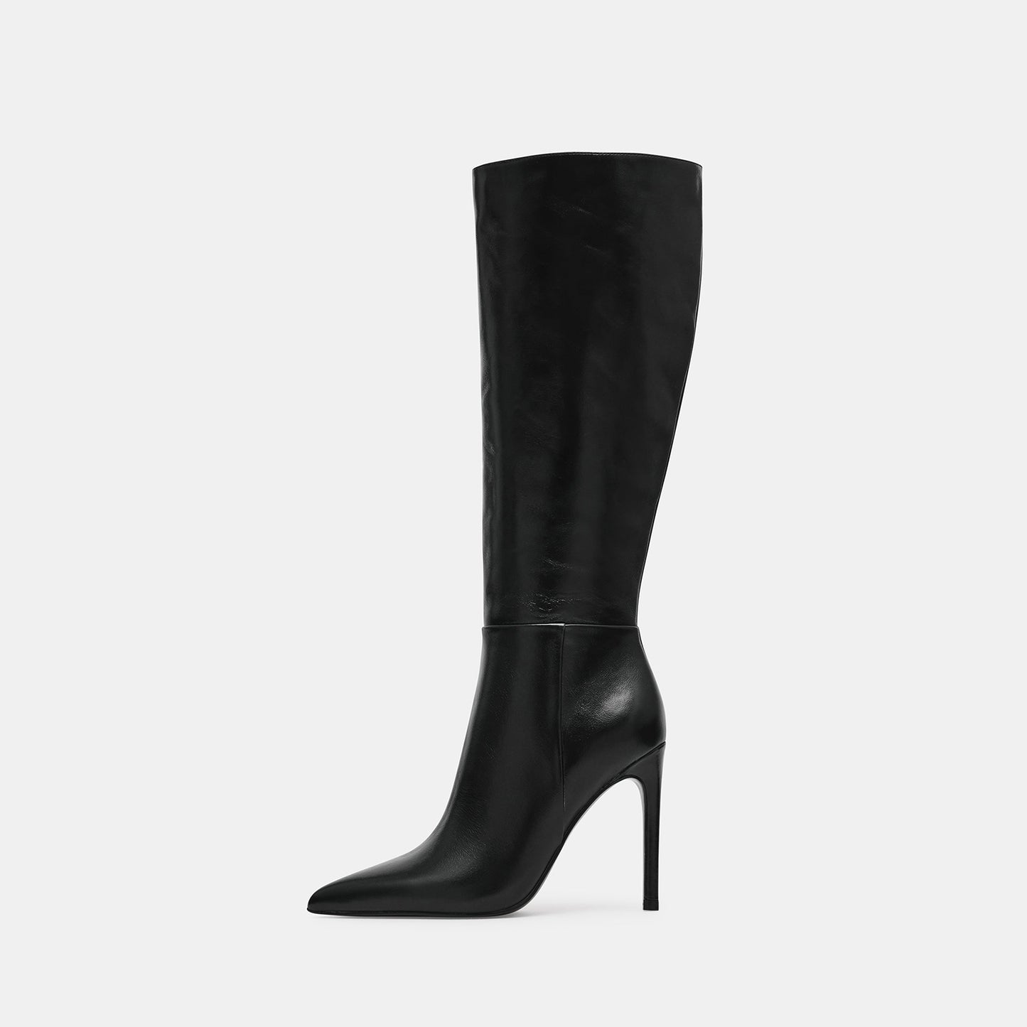 Black Pointed-Toe Half-Zip Chic Knee High Stiletto Boots