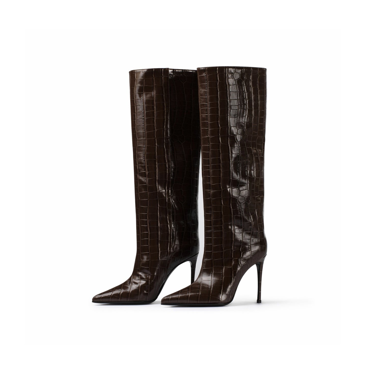 Brown Crocodile-Print Pointed-Toe Simple Wide Calf Knee High Tall Stiletto Boots
