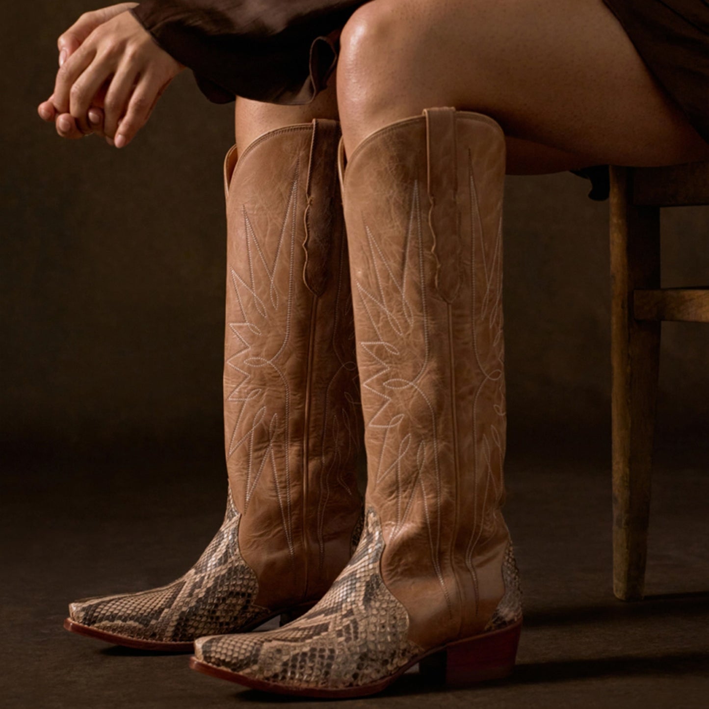 Tan And Snakeskin Pattern Snip-Toe Embroidery Wide Calf Knee High Cowgirl Boots