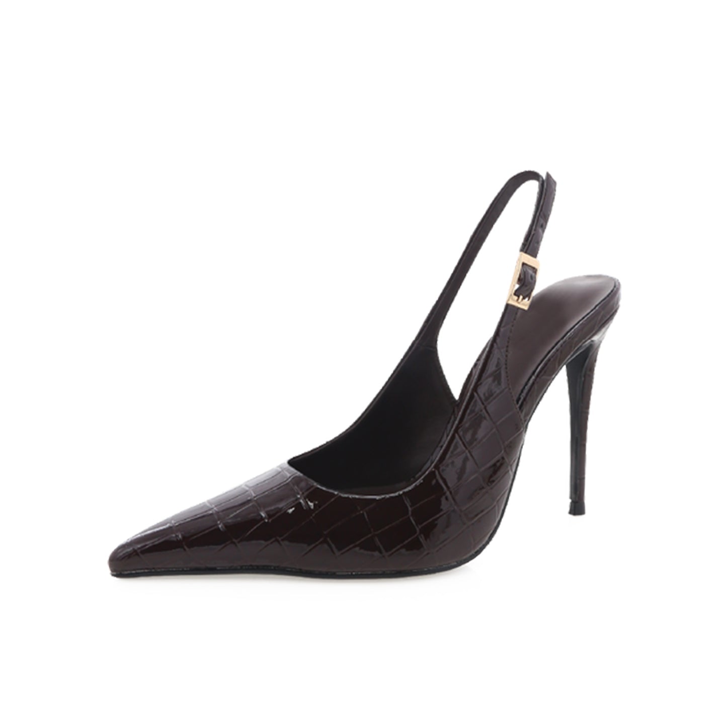 Dark Chocolate Stone Pattern Pointed-Toe Buckle Slingback High Heels