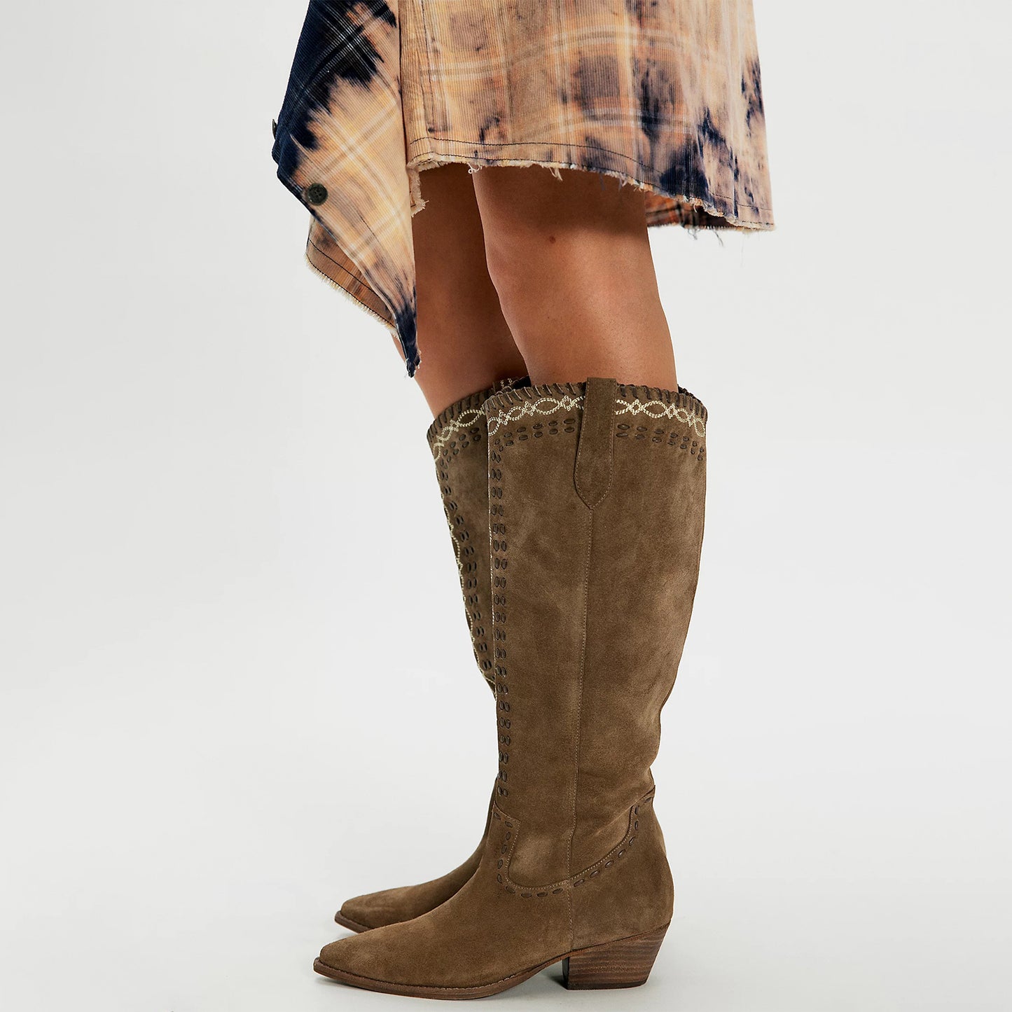 Taupe Almond-Toe Running Stitch And Embroidery Wide Calf Knee High Cowgirl Boots