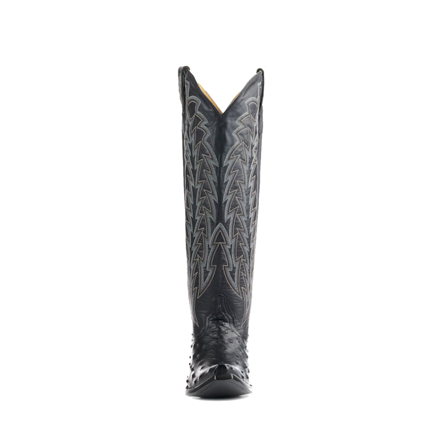 Black Contrast Vegan Leather And Ostrich Print Snip-Toe Embroidery Classic Wide Calf Knee High Cowgirl Boots