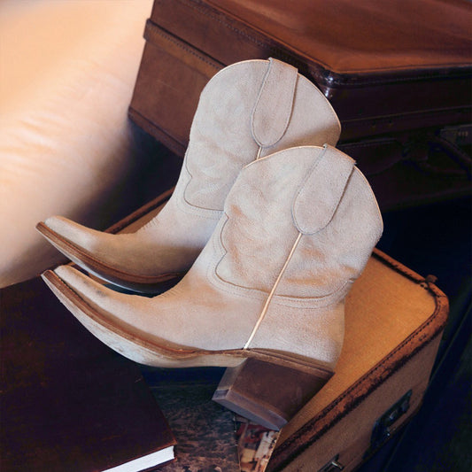 Ivory Faux Suede Almond-Toe Embroidery Ankle Cowgirl Boots