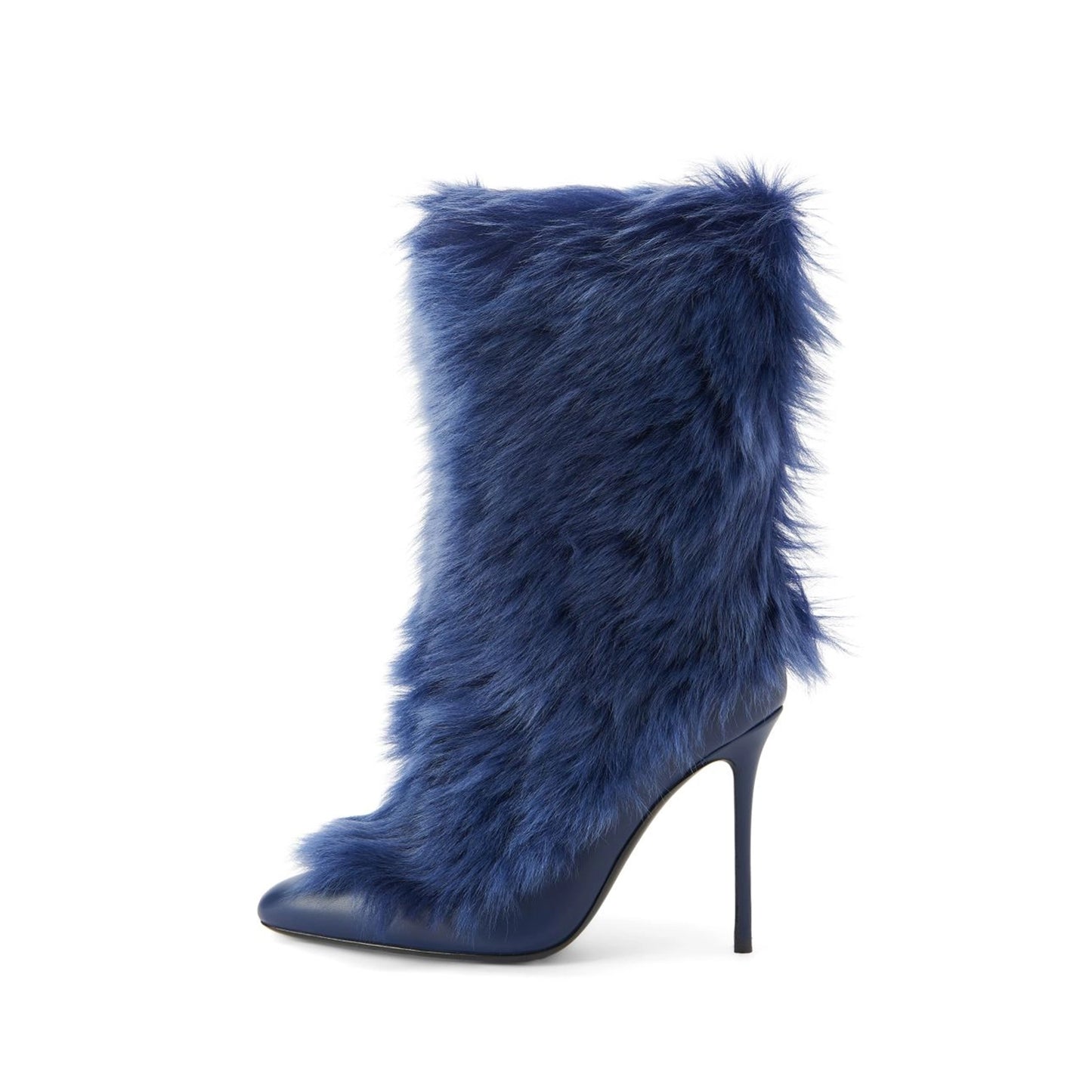 Blue Pointed-Toe Full Plush Mid Calf Stiletto Boots