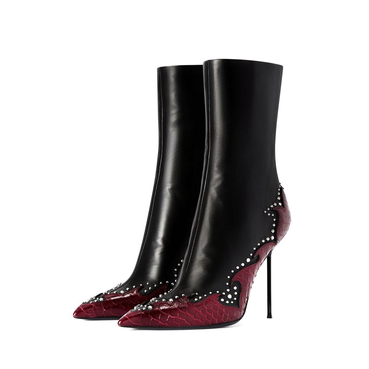 Black And Red Snakeskin Pattern Pointed-Toe Studs Full-Zip Ankle Stiletto Boots