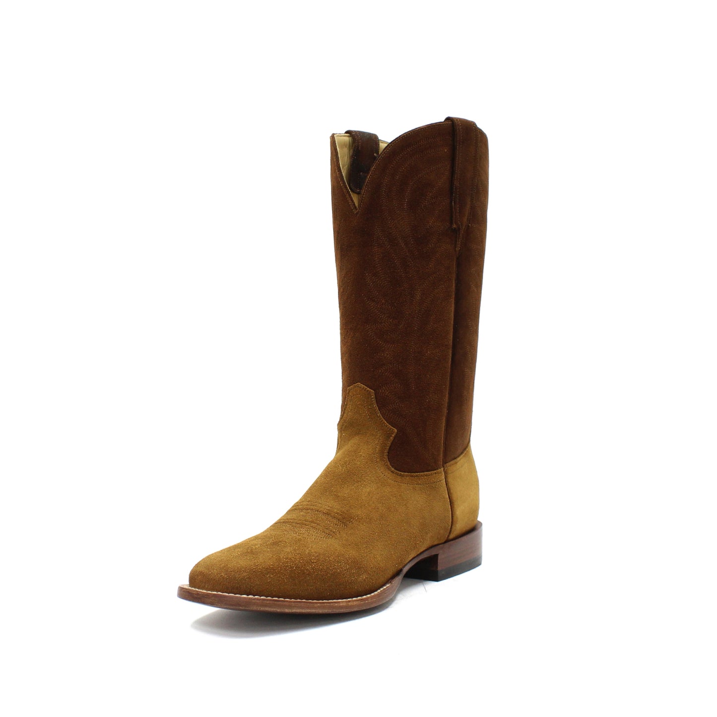 Contrast Chocolate And Camel Square-Toe Embroidery Mid Calf Cowgirl Boots