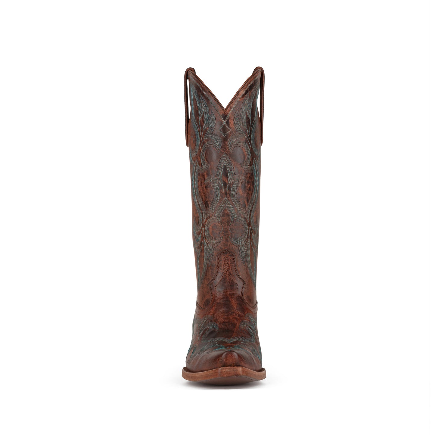 Distressed Cognac Snip-Toe Western Embroidery Classic Mid Calf Cowgirl Boots
