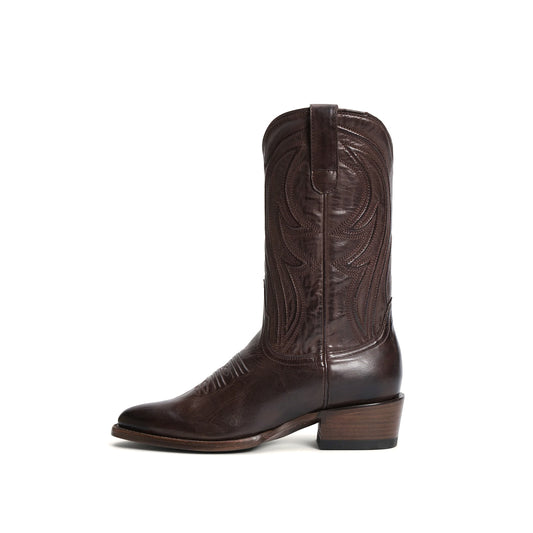 Chocolate Almond-Toe Embroidery Classic Mid Calf Cowgirl Boots