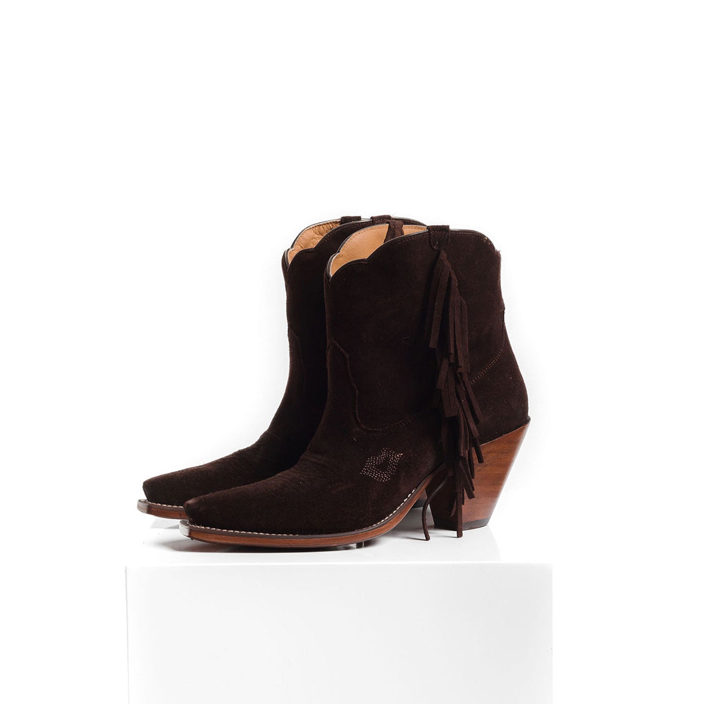 Chocolate Faux Suede Snip-Toe Side Fringe Ankle Cowgirl Boots