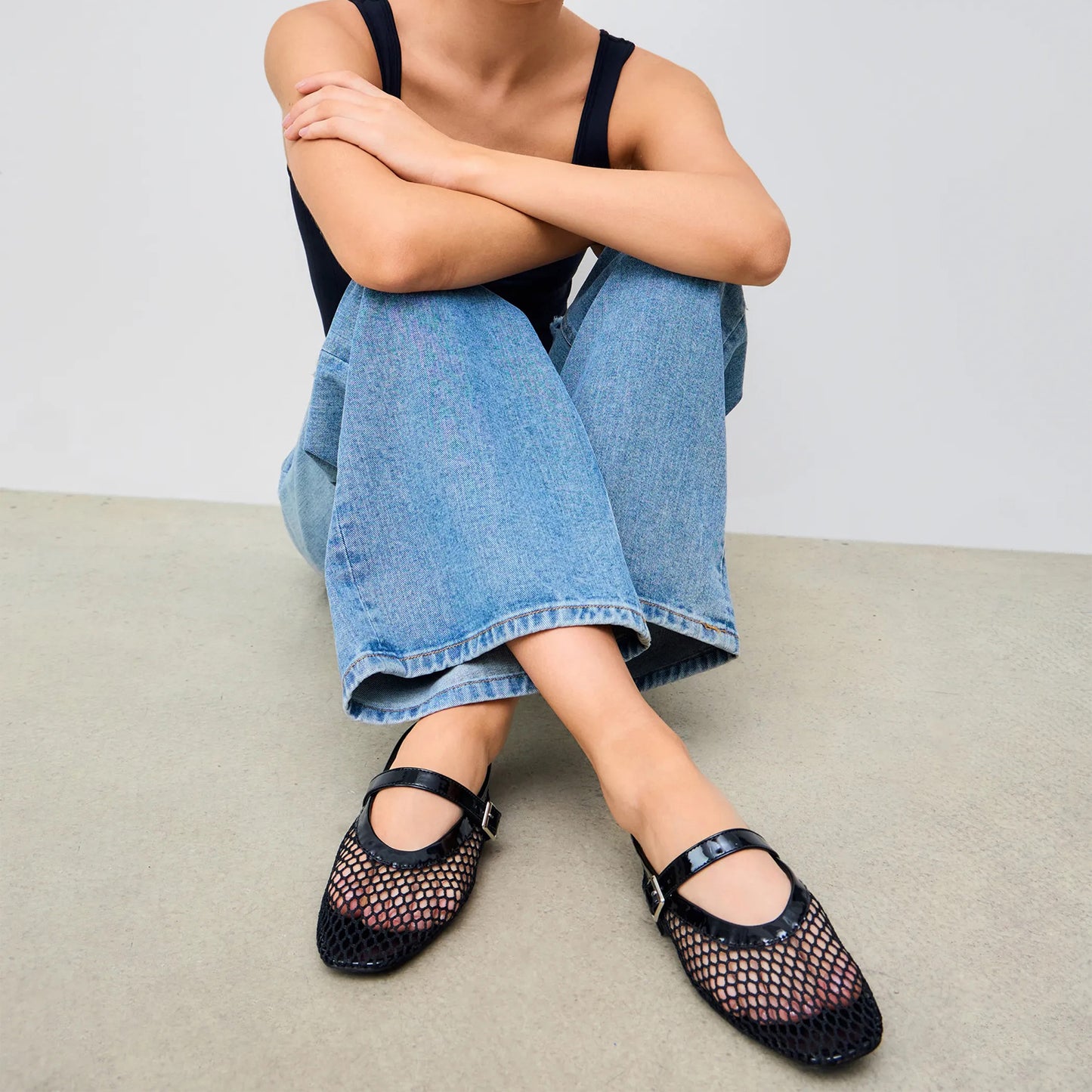 Black Mesh And Patent Leather Square-Toe Mary Jane Ballet Flats