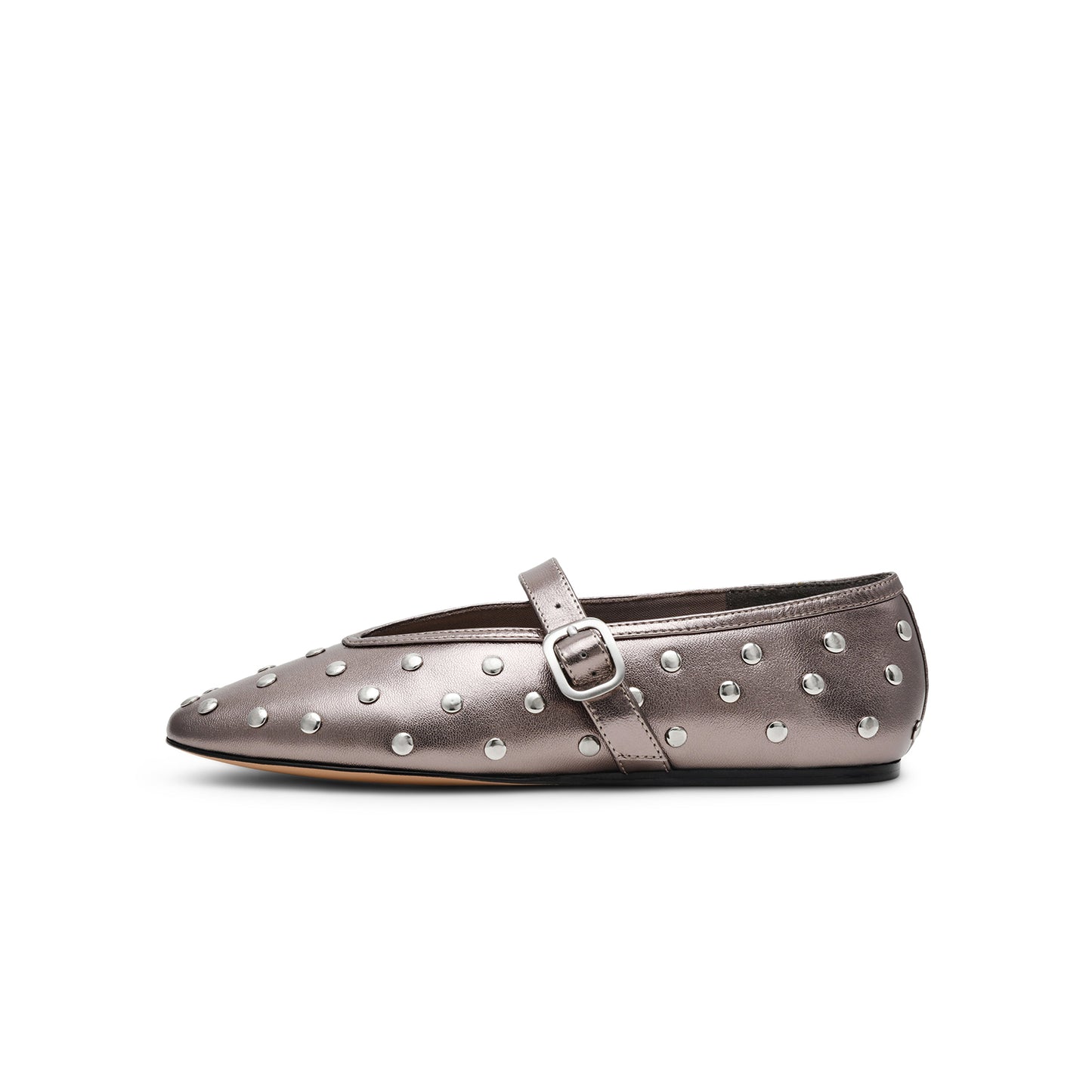 Metallic Pewter Round-Toe Studs And Mary Jane Ballet Flats
