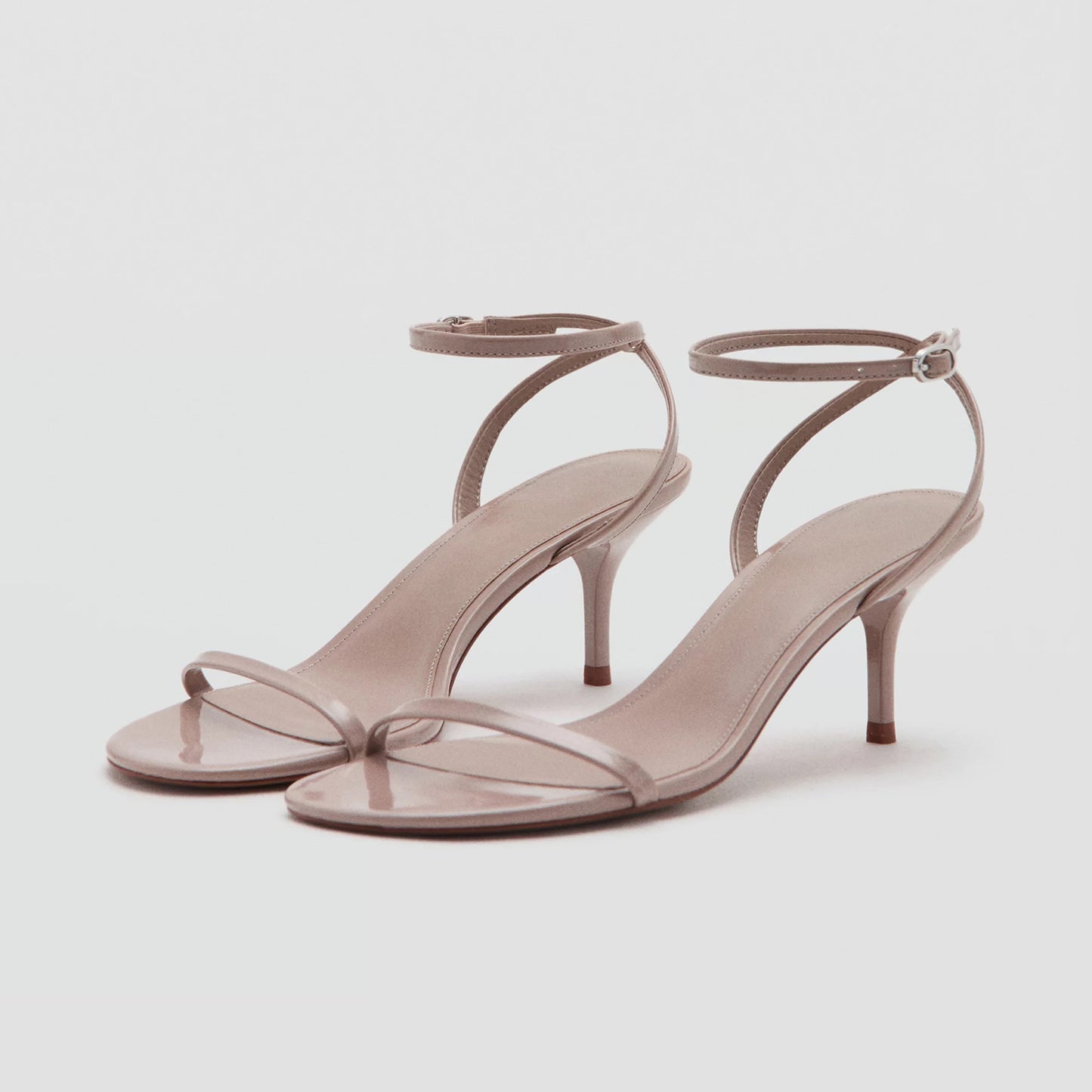 Patent Khaki Round-Toe Strappy Ankle And Back Straps Sandals Kitten Heels