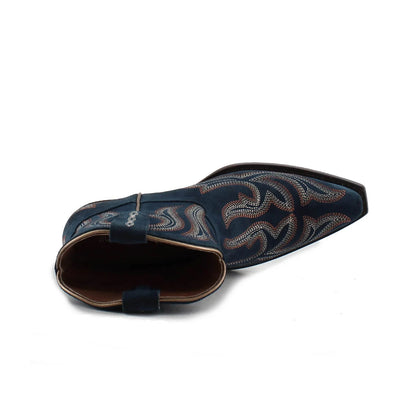 Dark Blue Faux Suede Snip-Toe Embroidery Ankle Cowgirl Boots