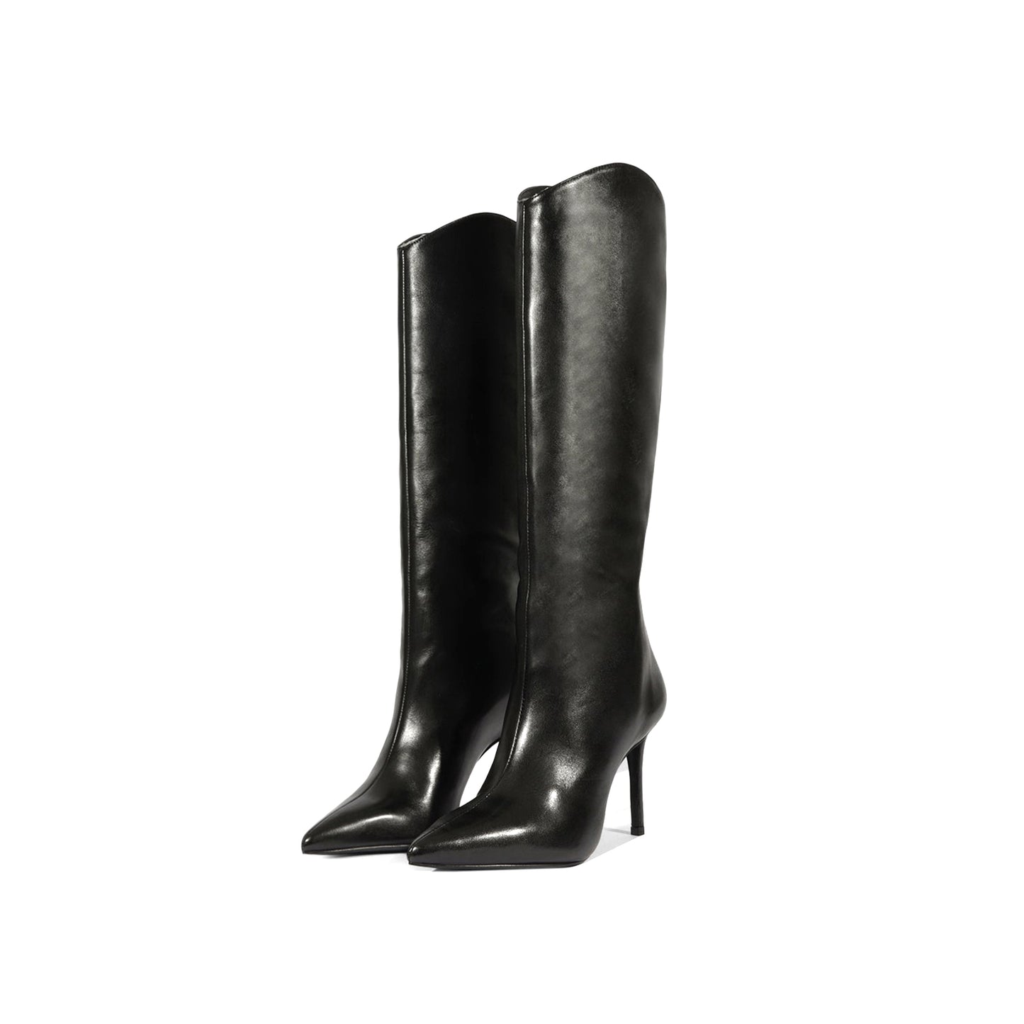 Black Vegan Leather Pointed-Toe Simple Wide Calf Knee High Stiletto Boots