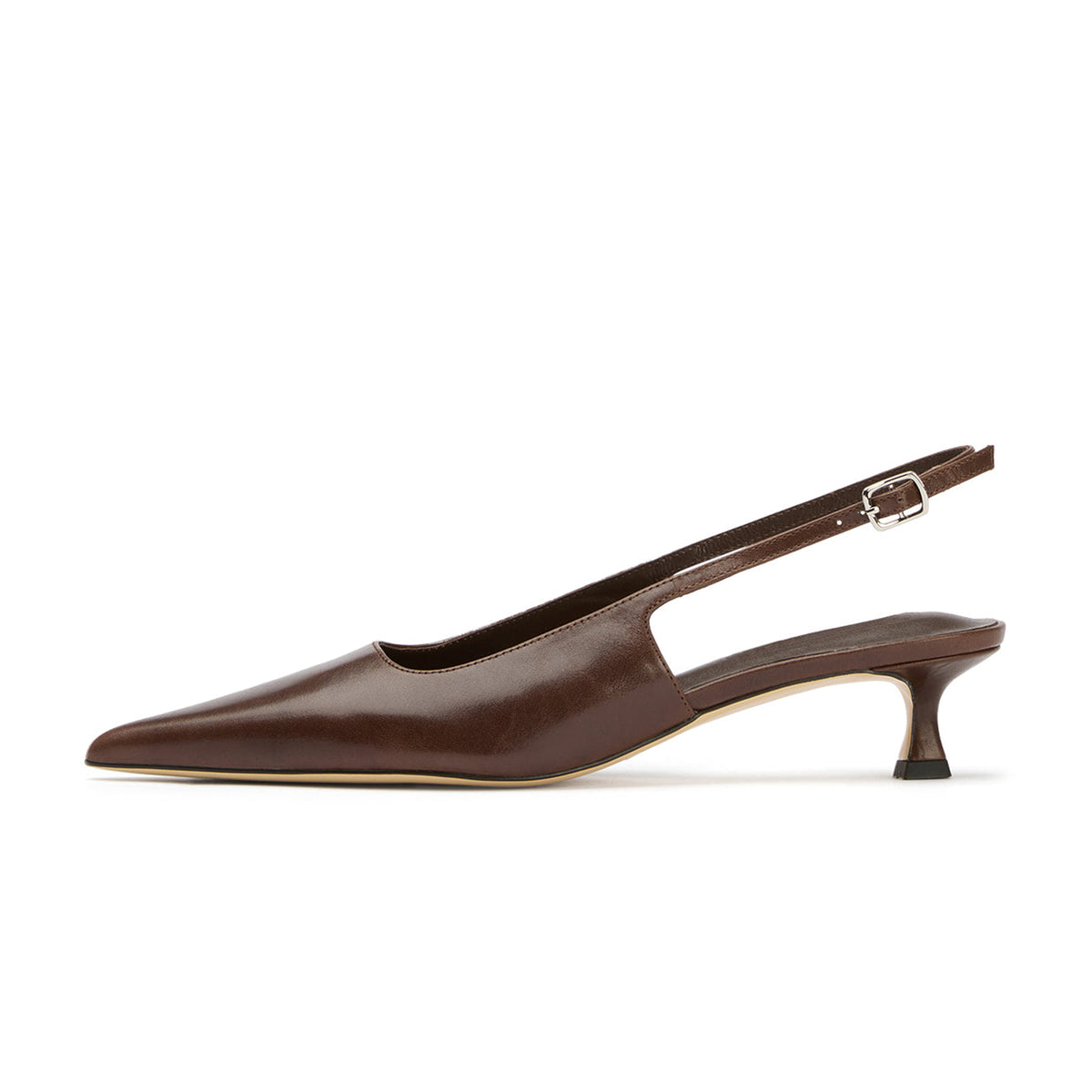 Chic Pointed-Toe Buckle Slingback Kitten Heels - Chocolate