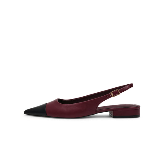 Contrast Black And Burgundy Pointed-Toe Slingback Flats