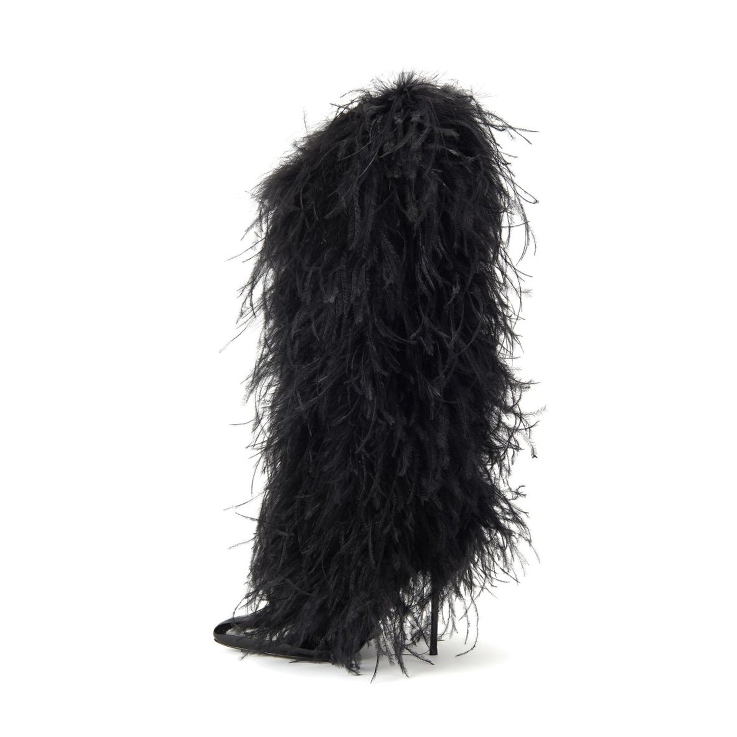 Patent Black Pointed-Toe Full Feather Wide Calf Knee High Stiletto Boots