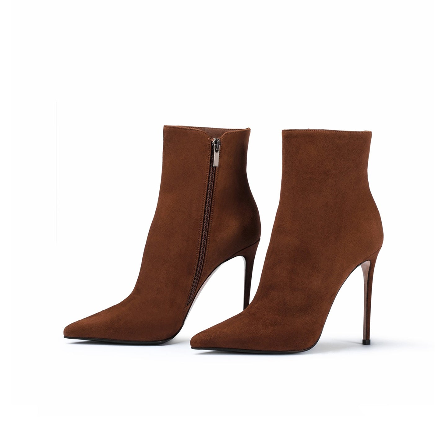 Brown Faux Suede Pointed-Toe Simple Full-Zip Ankle Stiletto Boots