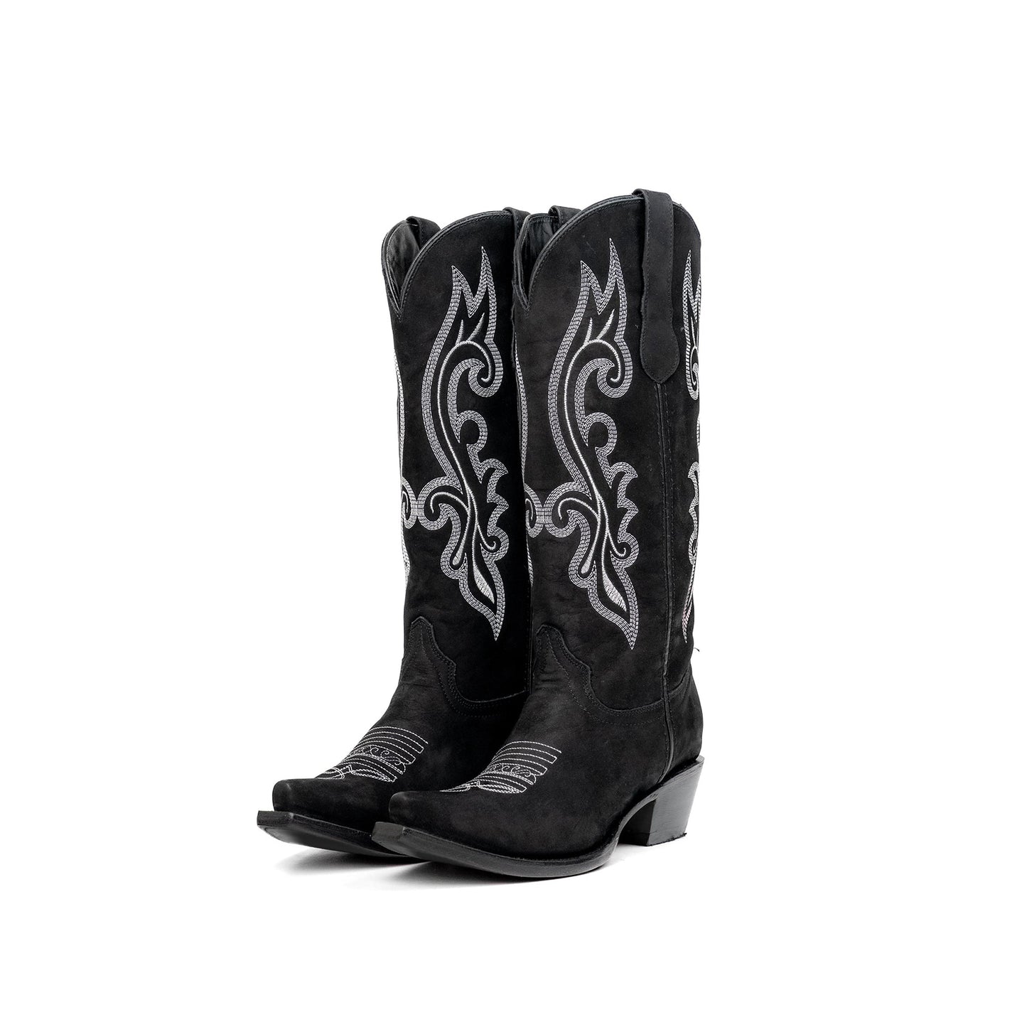 Black Faux Suede Snip-Toe Refined Embroidery Mid Calf Cowgirl Boots