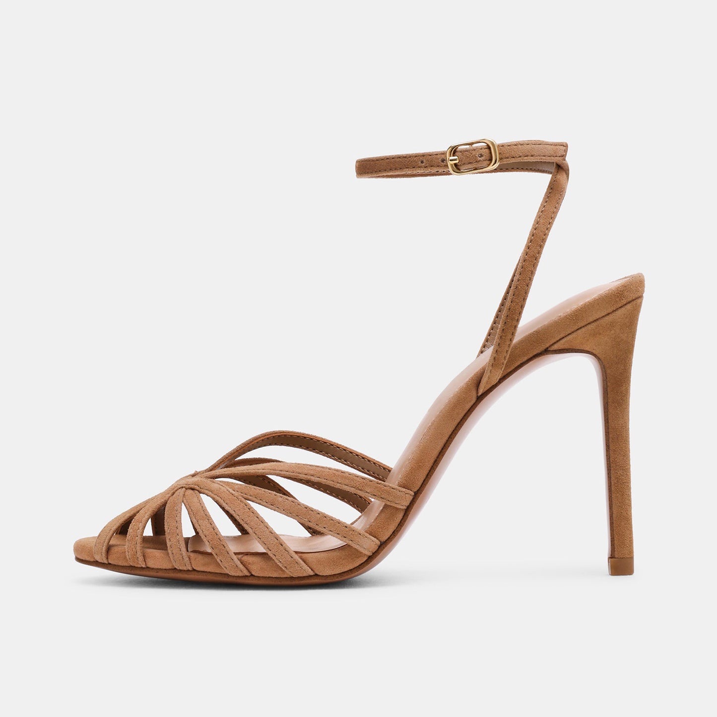 Tan Faux Suede Round-Toe Strappy Ankle And Back Straps Stiletto Heels