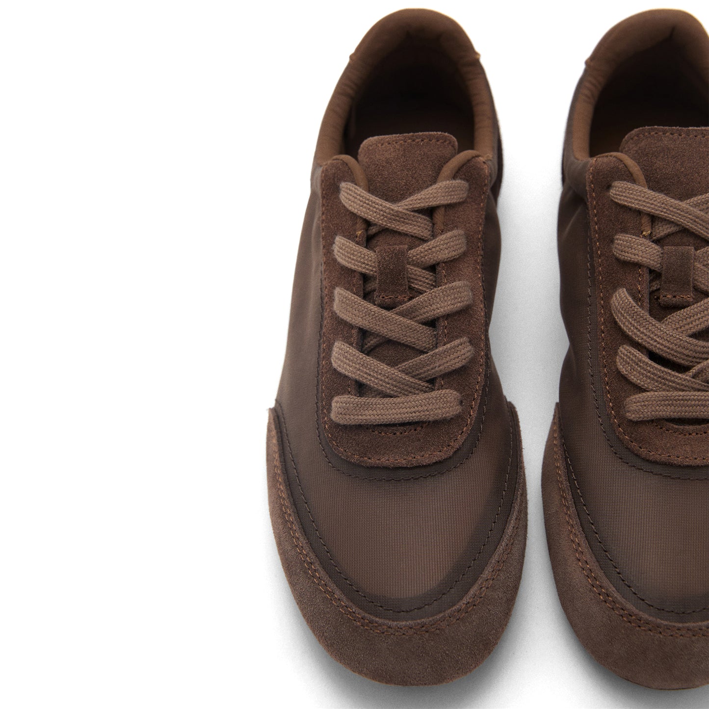 Chocolate Faux Suede And Mesh Round-Toe Lace-Up Sneakers Flats