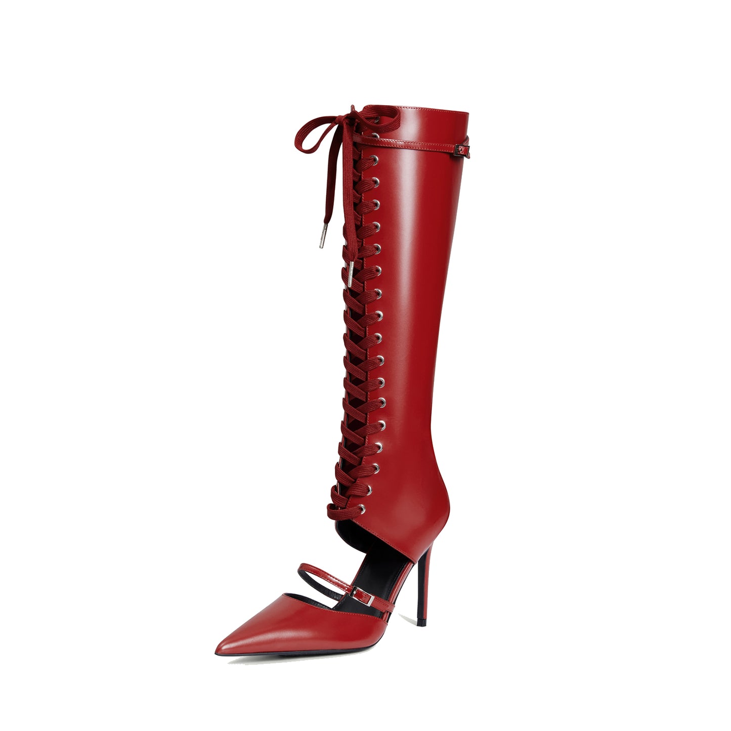 Red Pointed-Toe Front Lace-Up Full-Zip Knee High Stiletto Boots