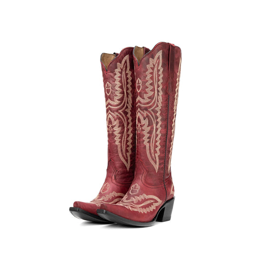 Wine Red Snip-Toe Embroidery Half-Zip Knee High Classic Cowgirl Boots