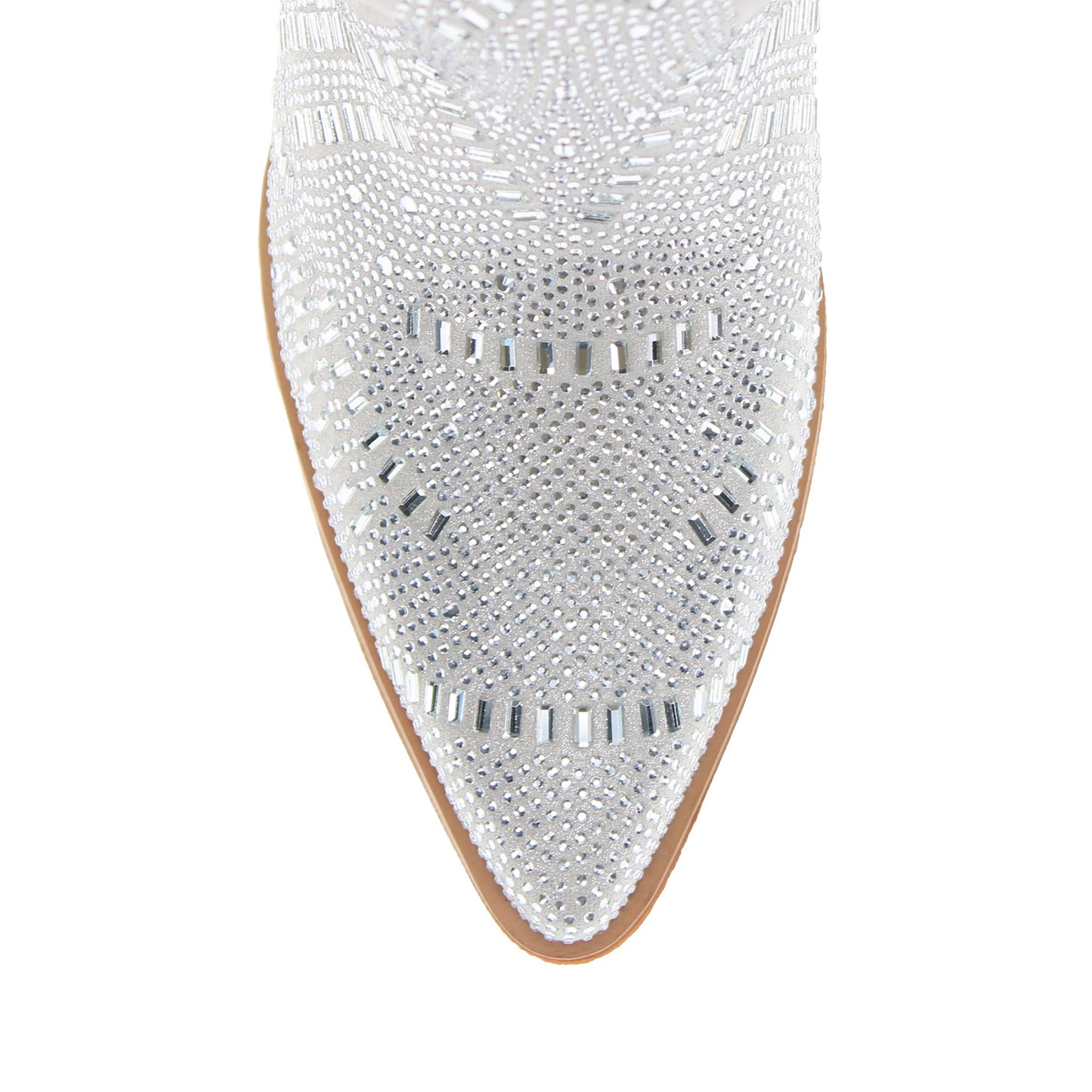 Beige Faux Suede Pointed-Toe Full Crystals Full-Zip Ankle Cowgirl Boots