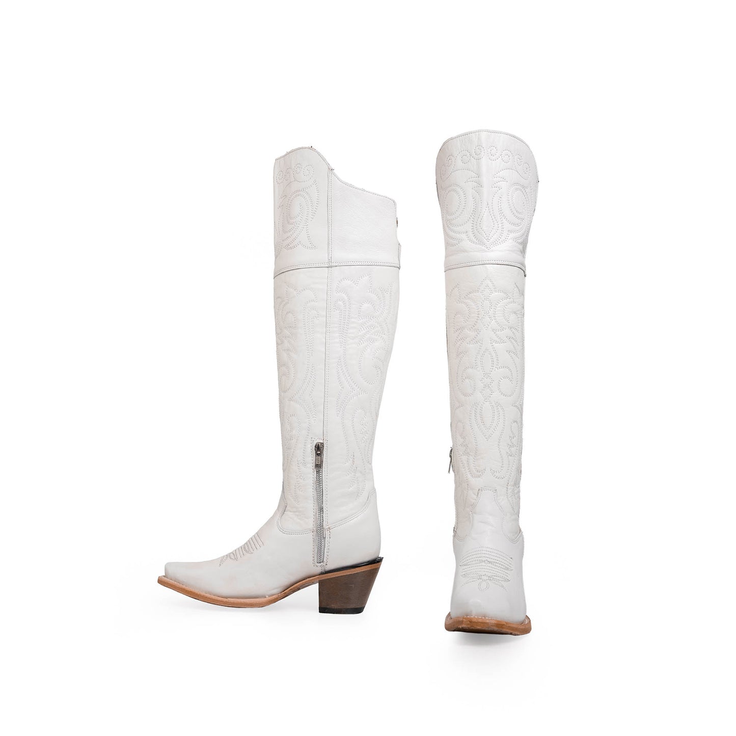 White Snip-Toe Classic Embroidery Half-Zip Over-The-Knee Cowgirl Boots
