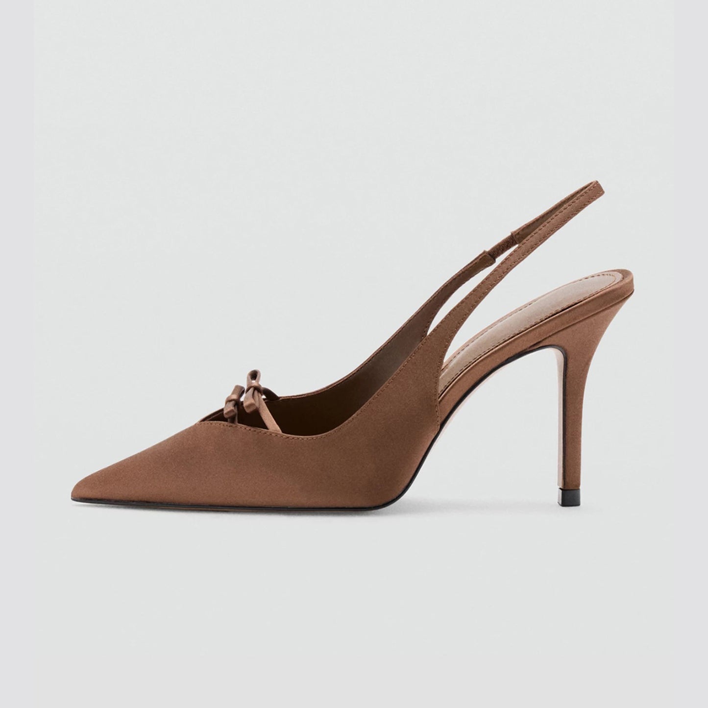 Chocolate Satin Pointed-Toe Front Double Knots Slingback High Heels