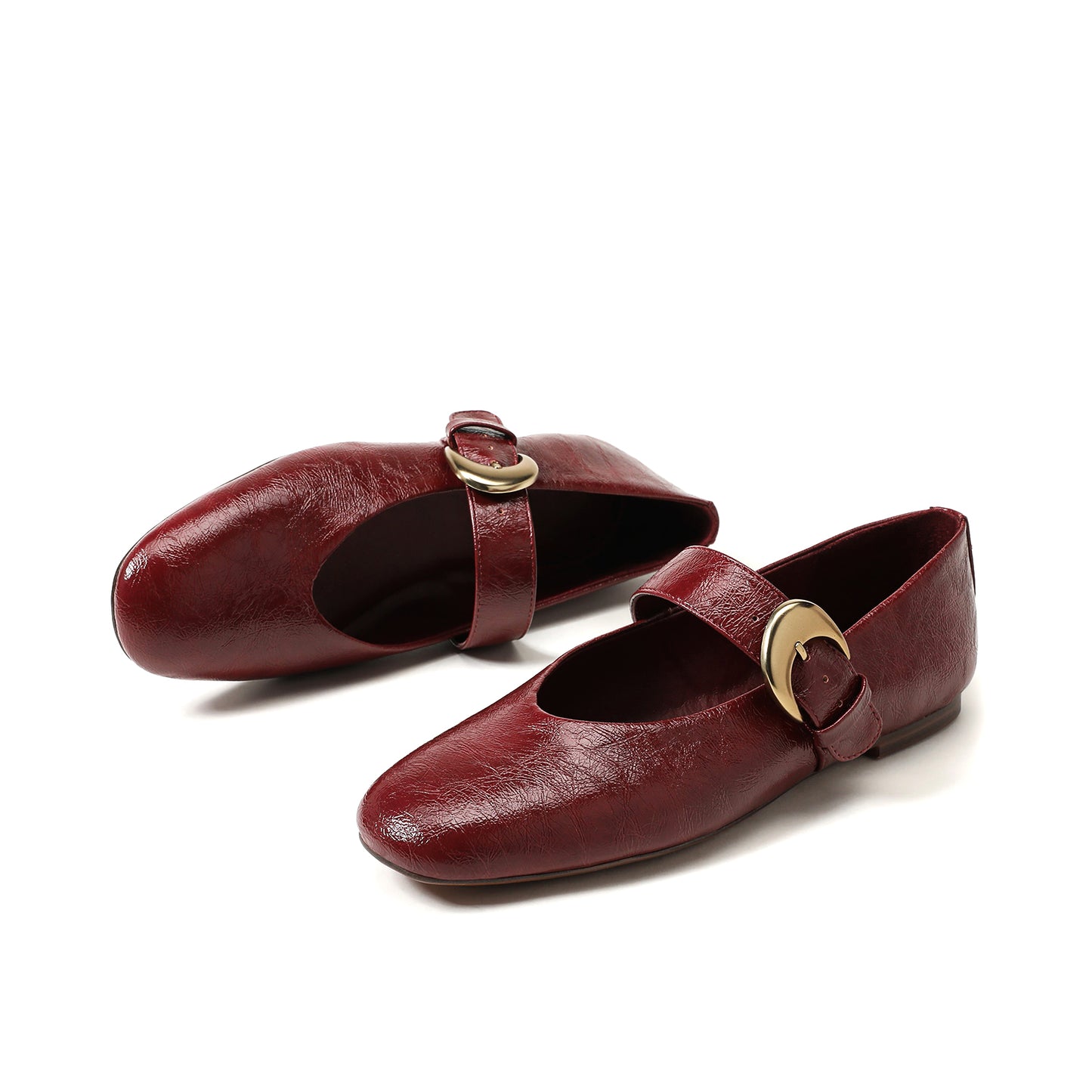 Wine Red Vegan Leather Square-Toe Buckle Bridge Strap Ballet Flats