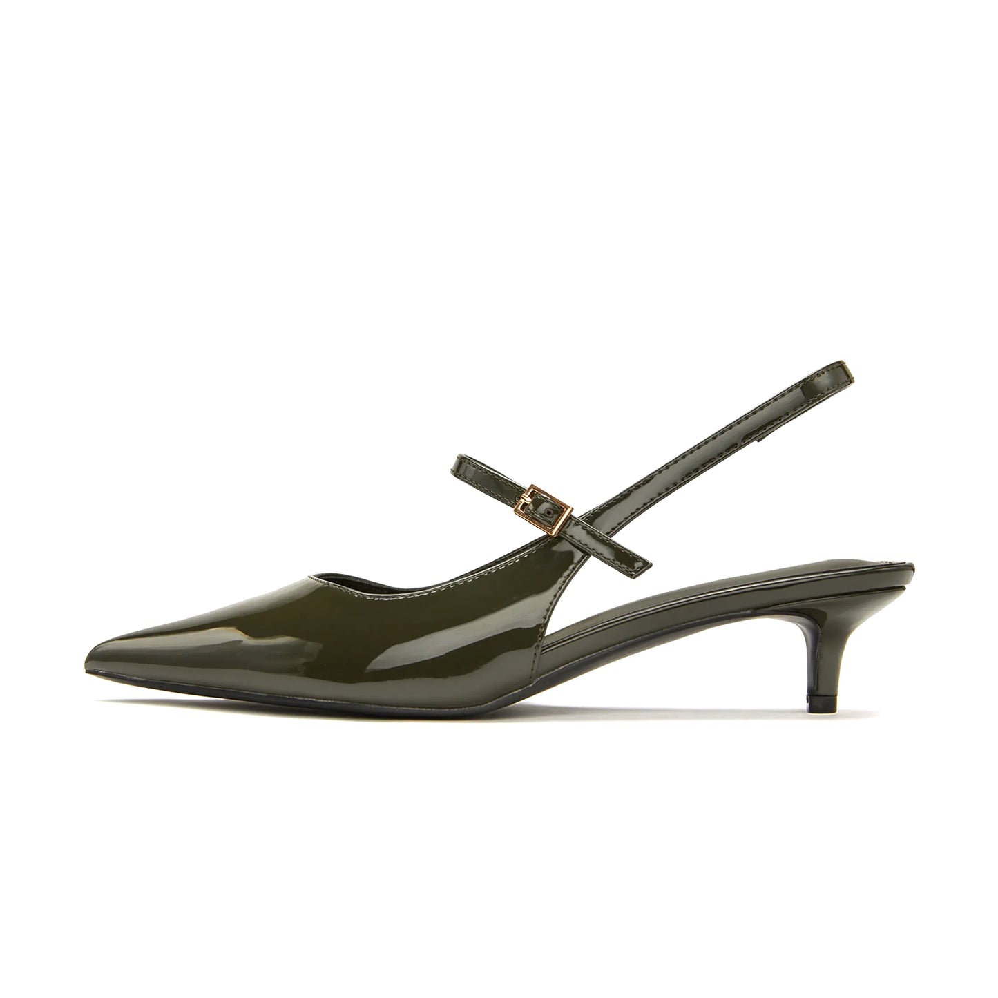 Patent Dark Green Pointed-Toe Middle And Back Strap Chic Kitten Heels