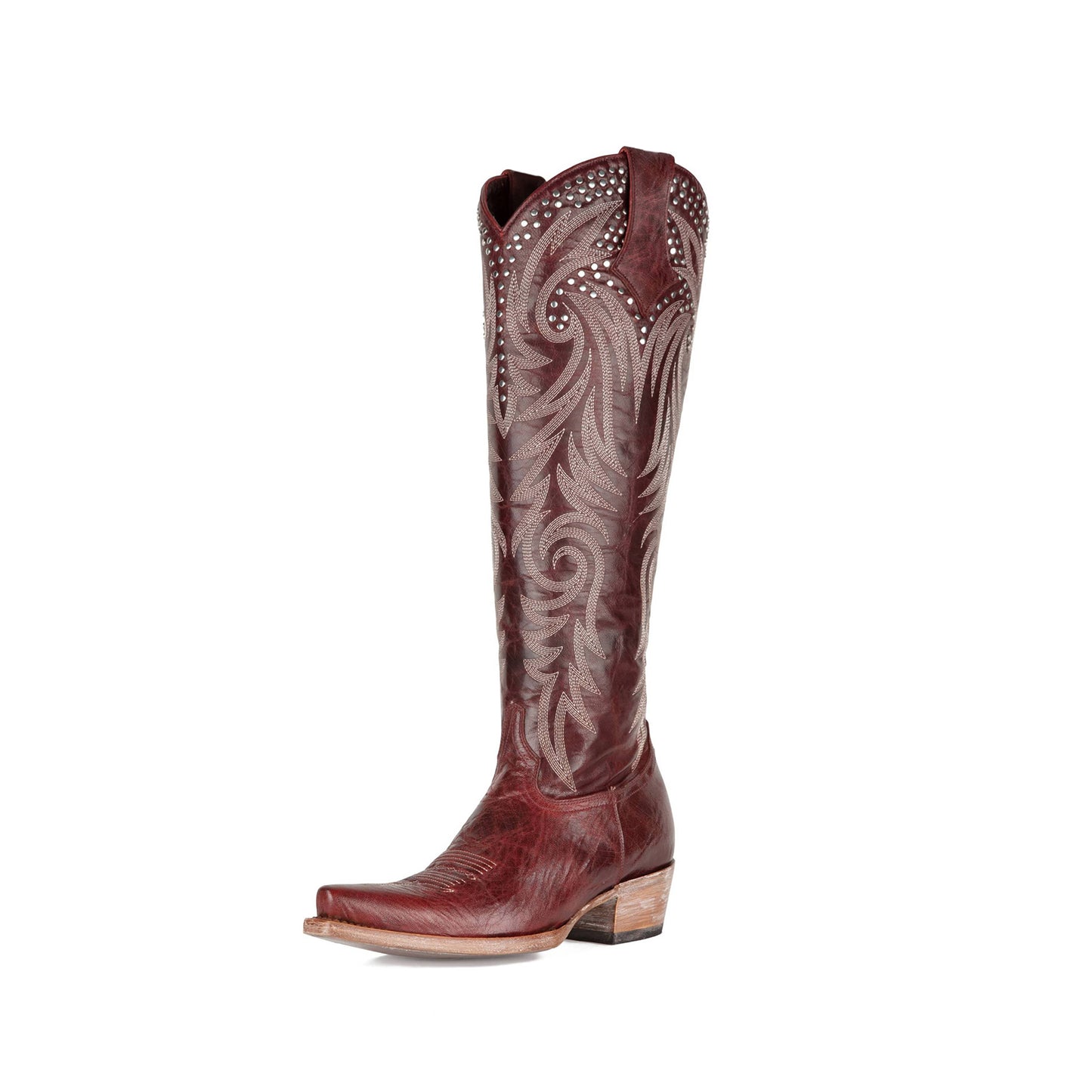 Dark Red Snip-Toe Studs And Embroidery Classic Half-Zip Knee High Cowgirl Boots