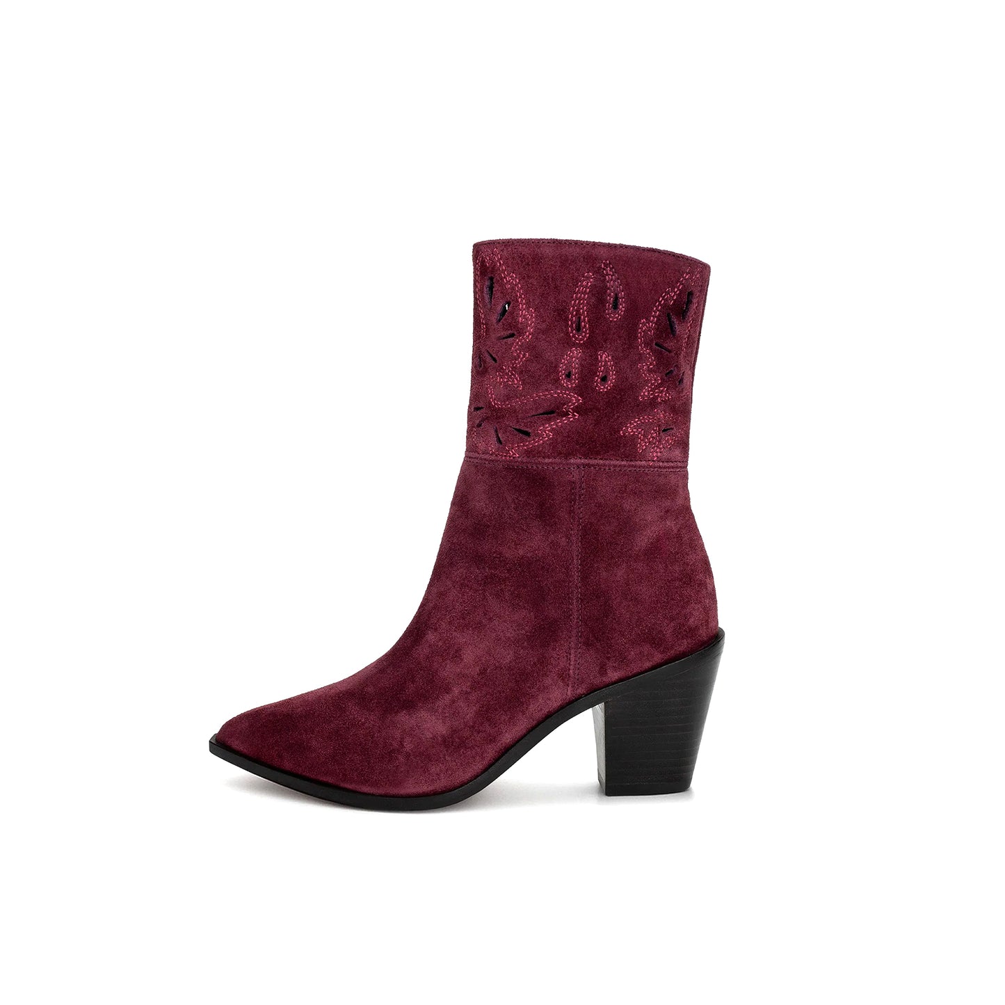 Burgundy Faux Suede Pointed-Toe Embroidery Inlay Full-Zip Ankle Cowgirl Boots