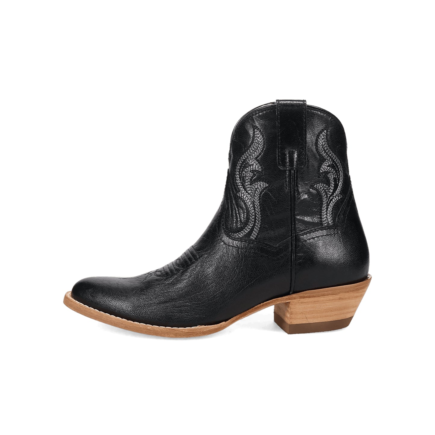 Black Round-Toe Grace Embroidery Full-Zip Ankle Cowgirl Boots