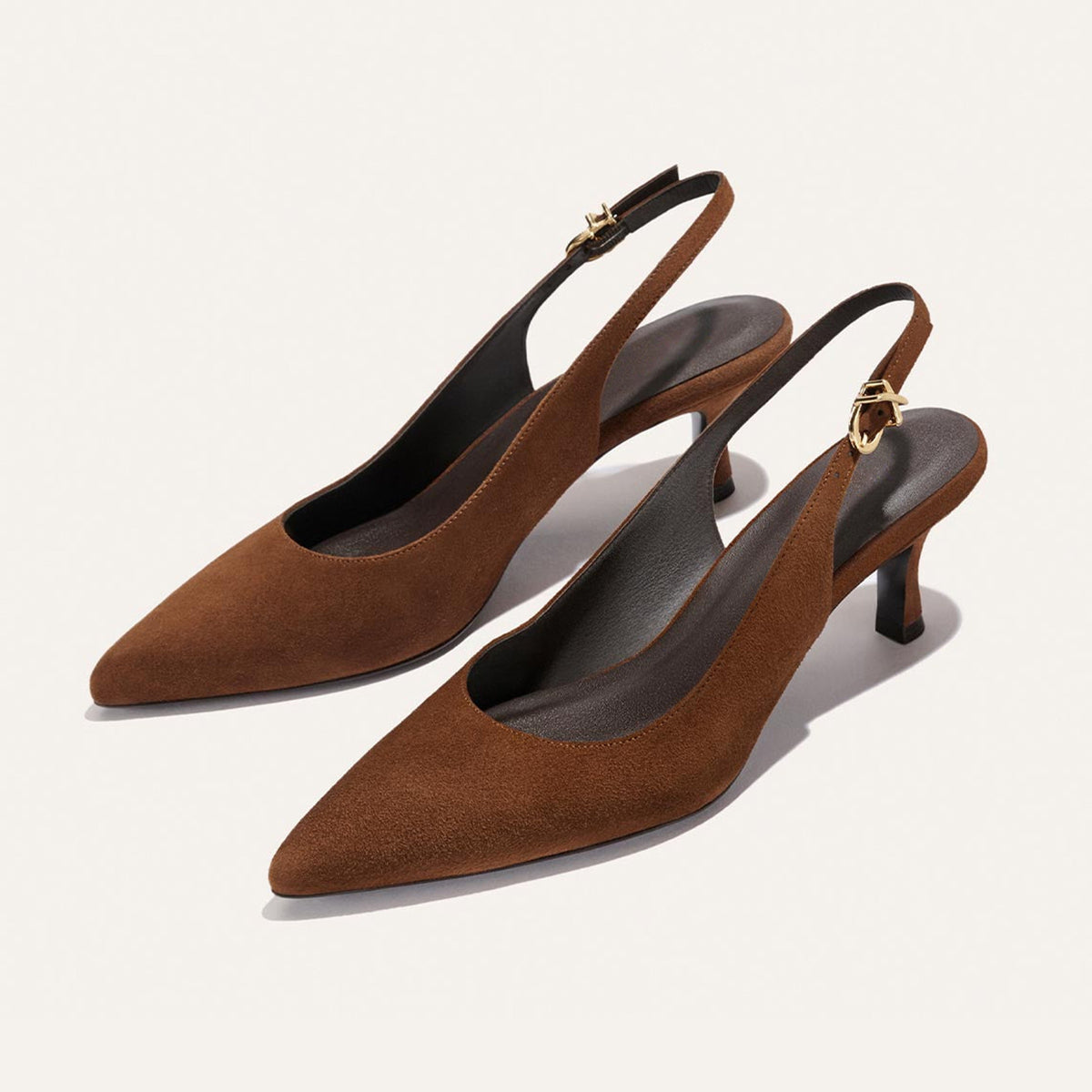 Dark Brown Faux Suede Pointed-Toe Chic Back Strap Kitten Heels