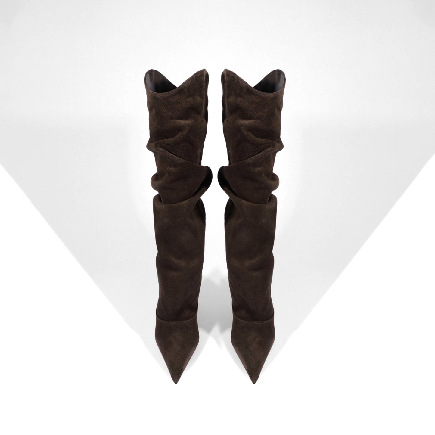Dark Brown Faux Suede Pointed-Toe Slouch Wide Calf Knee High Stiletto Boots