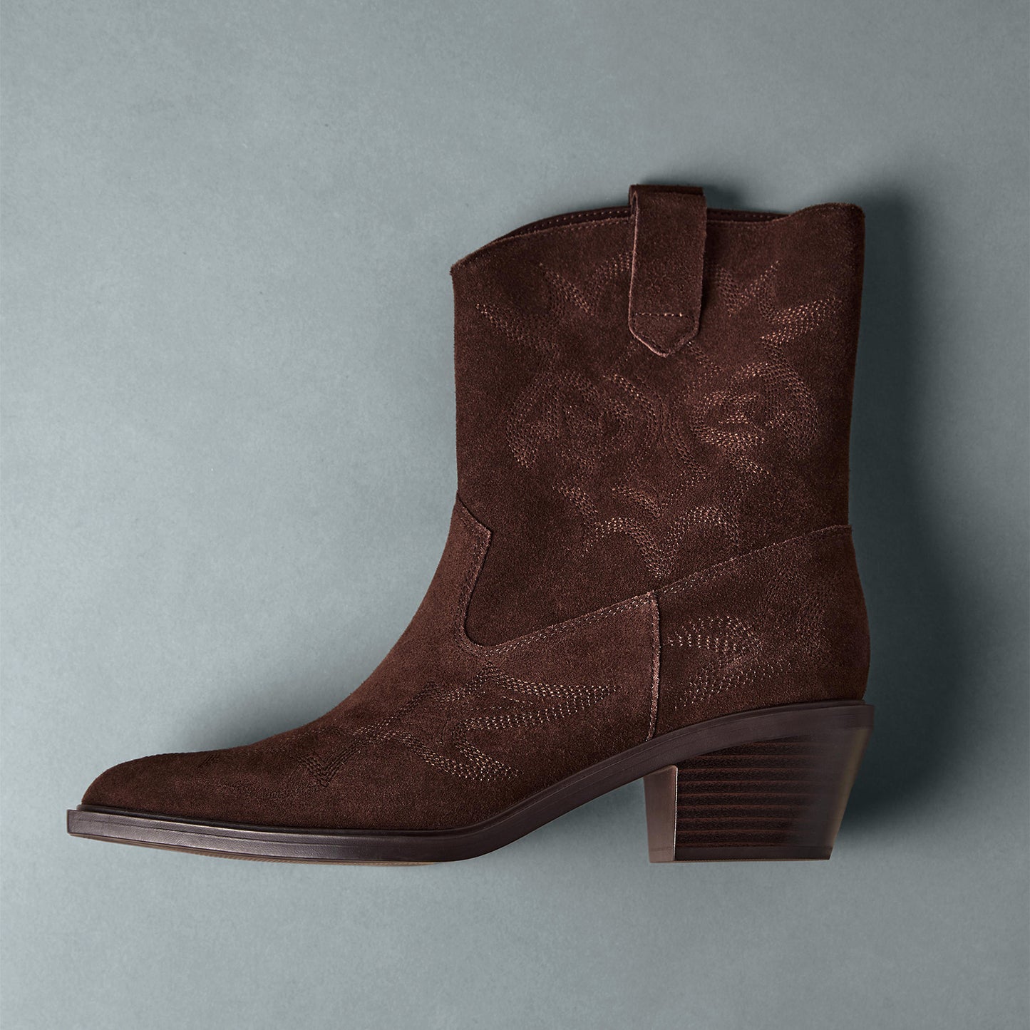 Coffee Faux Suede Almond-Toe Embroidery Detail Full-Zip Ankle Cowgirl Boots