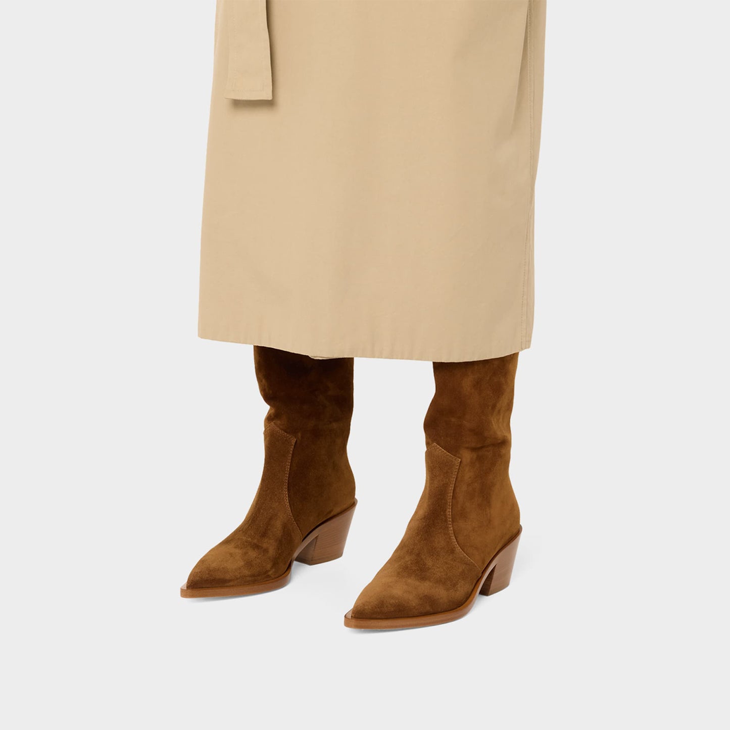 Brown Faux Suede Pointed-Toe Classic Wide Calf Knee High Cowgirl Boots