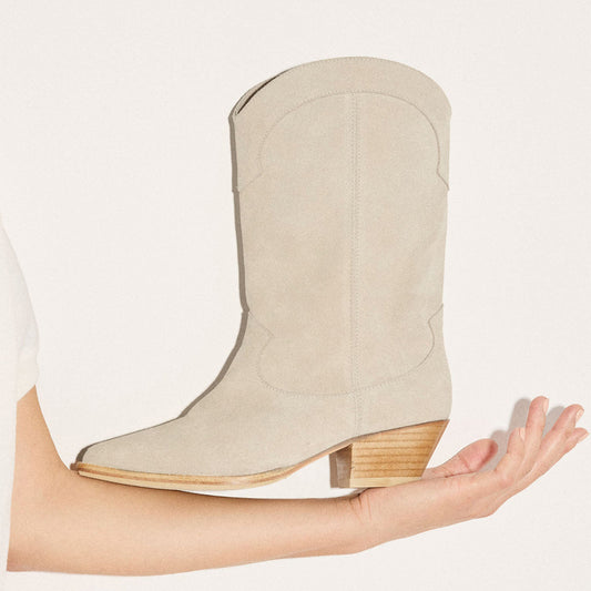 Beige Faux Suede Almond-Toe Chic Ankle Cowgirl Boots
