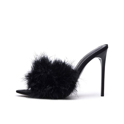Black Pointed-Toe Front Plush Slip-On High Heels