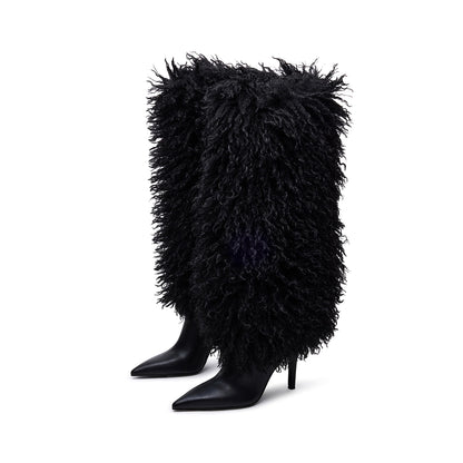Black Pointed-Toe Full Plush Wide Calf Knee High Stiletto Boots