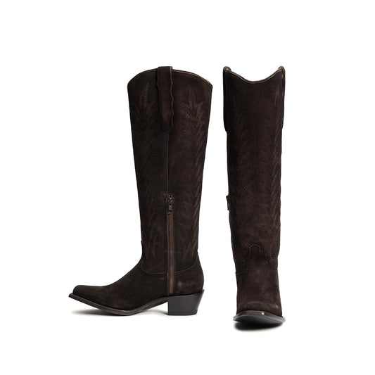 Brown Faux Suede Square-Toe Simple Embroidery Half-Zip Tall Knee High Cowgirl Boots