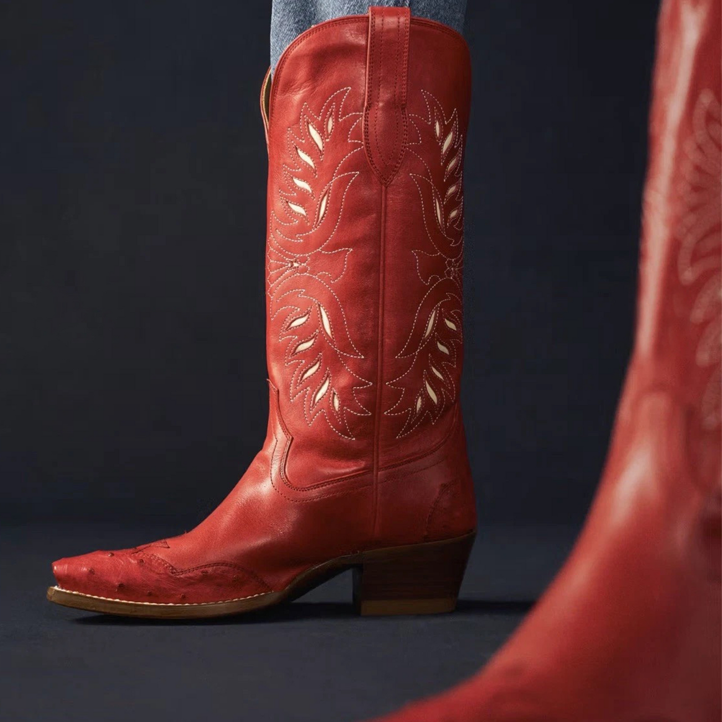 Red Vegan Leather And Ostrich Pattern Snip-Toe Embroidery And Inlay Mid Calf Cowgirl Boots