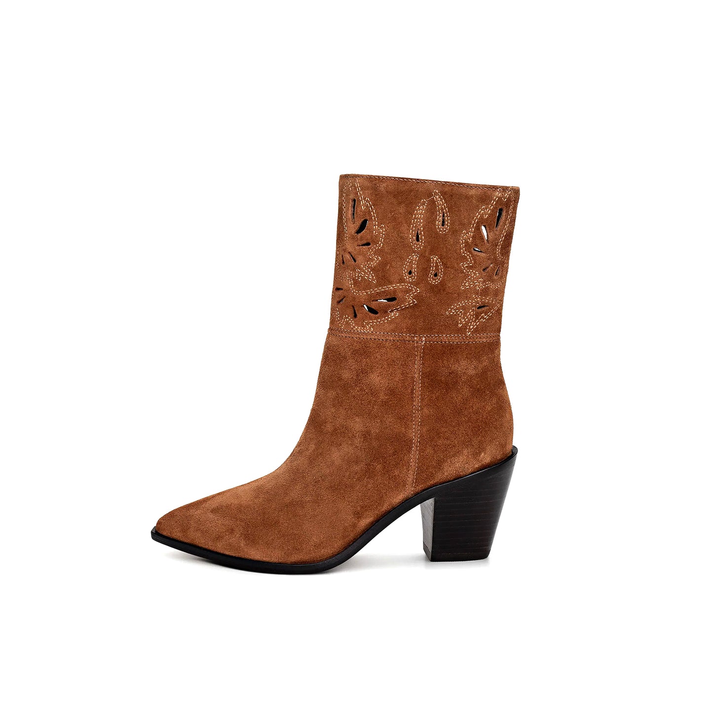 Brown Faux Suede Pointed-Toe Embroidery Inlay Full-Zip Ankle Cowgirl Boots
